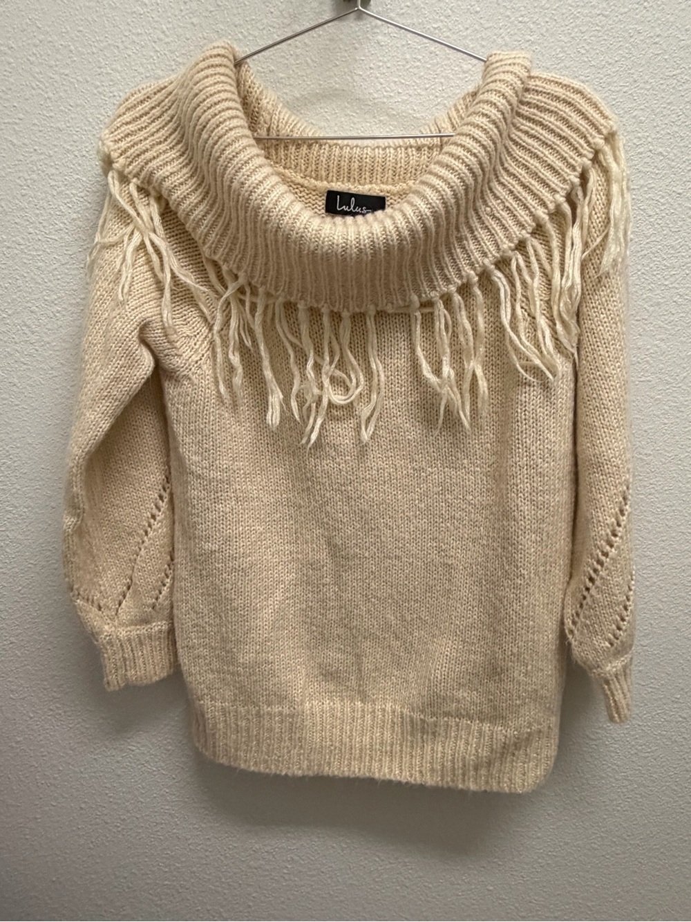 Lulu's Cream Fringe Cowl Sweater